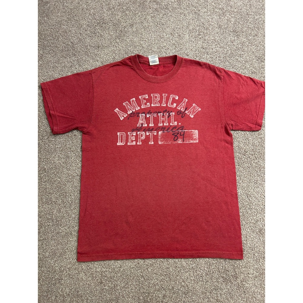VTG American Athl Dept T-Shirt Mens Medium Red Good Graphic Tee
